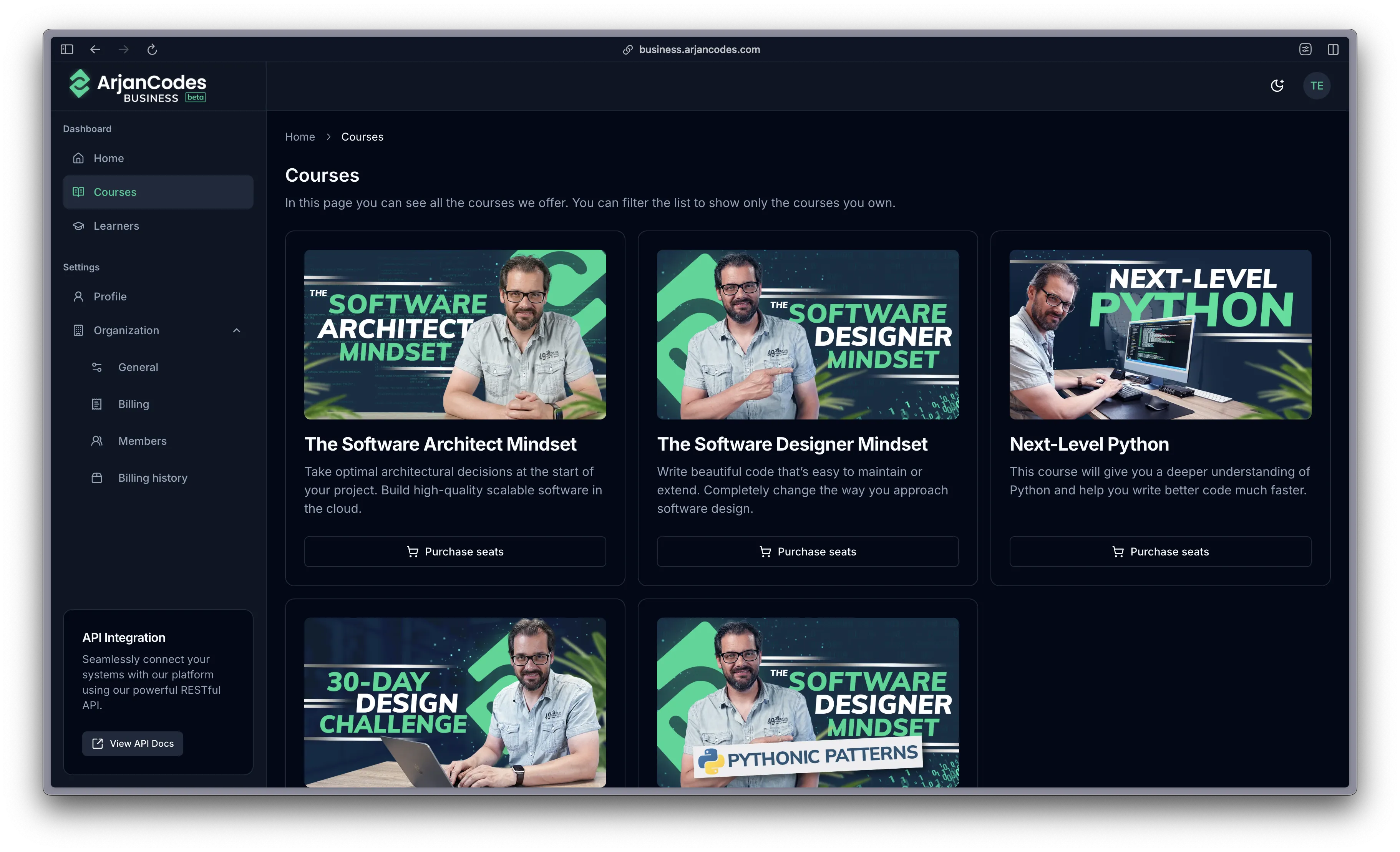 ArjanCodes Business portal dashboard