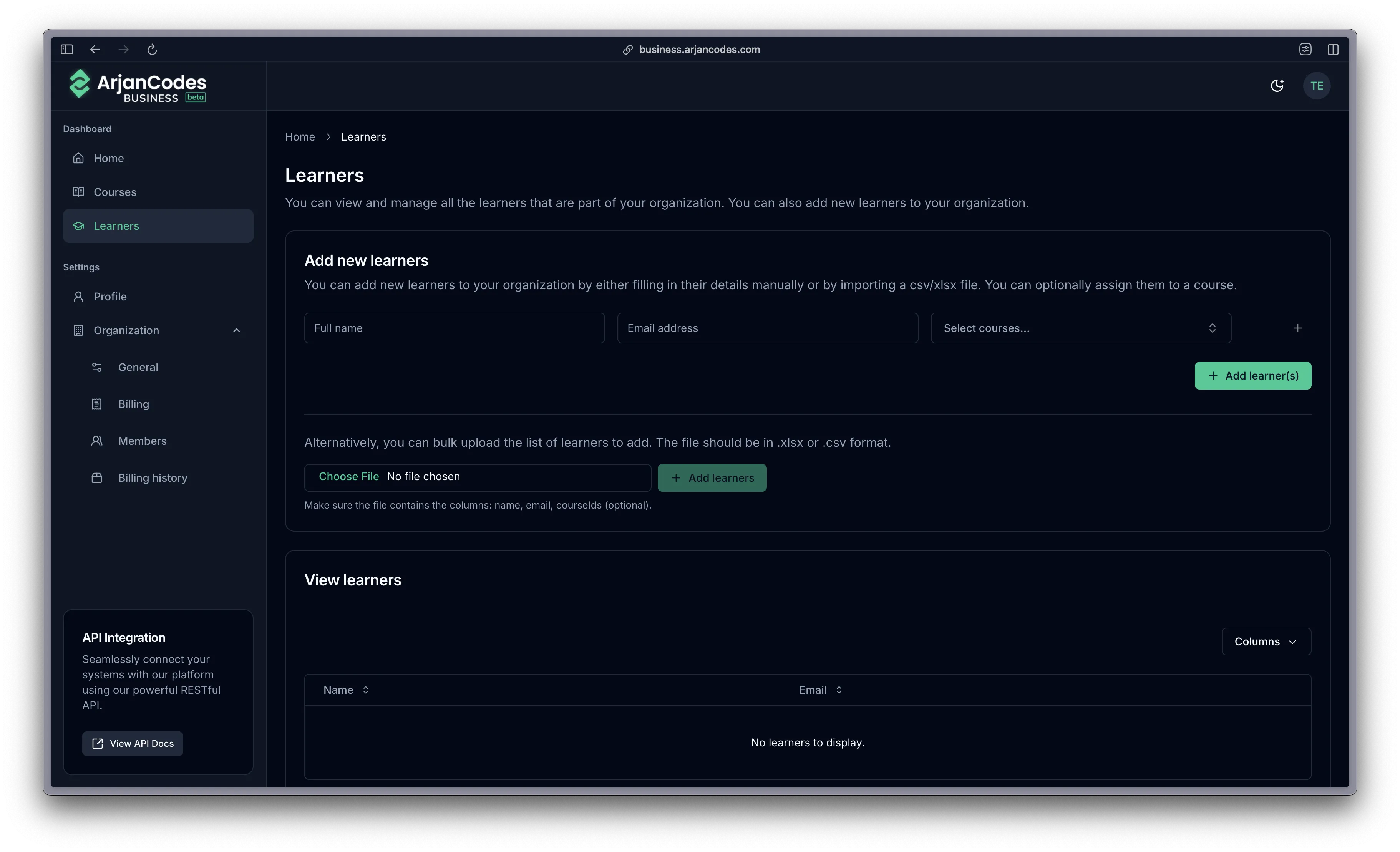 ArjanCodes Business course management interface